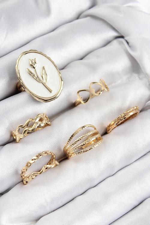 BFS Pirinç Zirkon Taşlı Lale Model Gold Renk Kadın Yüzük Kombin Set