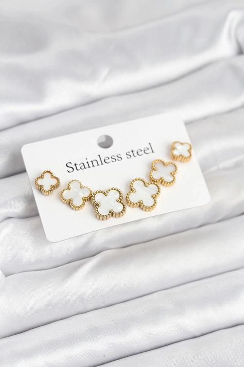 BFS 316L Çelik Gold Beyaz Renk 3 Boy Yonca Küpe Seti