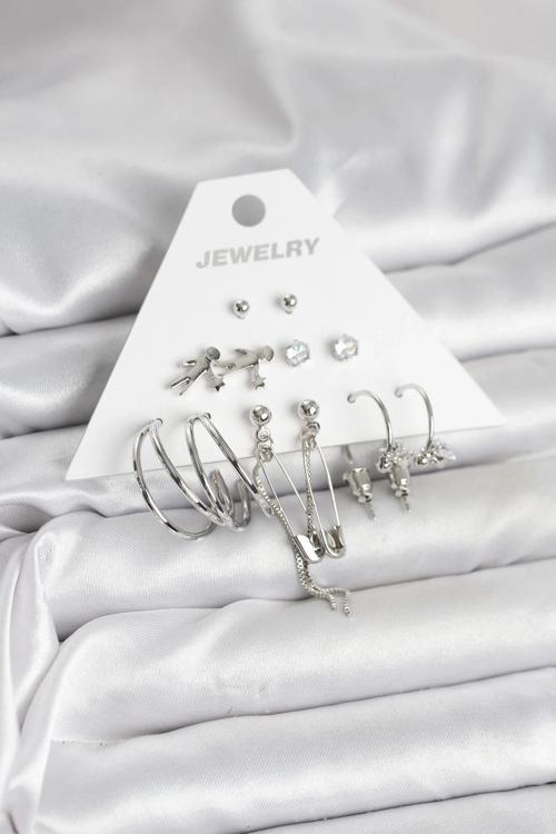 BFS Pirinç Gümüş Renk 6'lı Kadın Küpe Seti