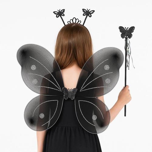BFS  Siyah Kelebek Kız Seti – 50 cm Kelebek Kanadı, Taç ve Asa