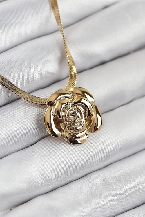 BFS 316L Çelik Gül Figürlü İtalyan Zincir Model Gold Renk Kadın Kolye