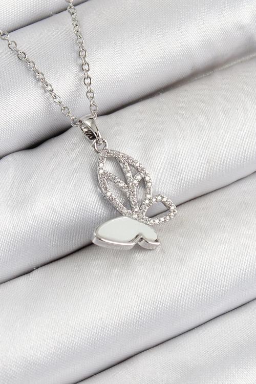 BFS 316L Çelik Zirkon Taşlı Kelebek Model Gümüş Renk Kadın Kolye