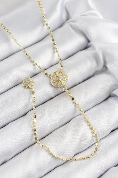 BFS Pirinç Zirkon Taşlı Ezme Zincirli Madalyon Model Gold Renk Y Kolye