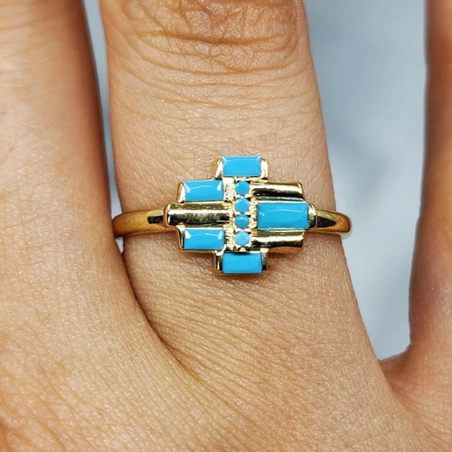 Baget Altın Yüzük - 14 Ayar Altın Fantazi Turkuaz Doğal Taşlı Baget Tasarım Yüzük
