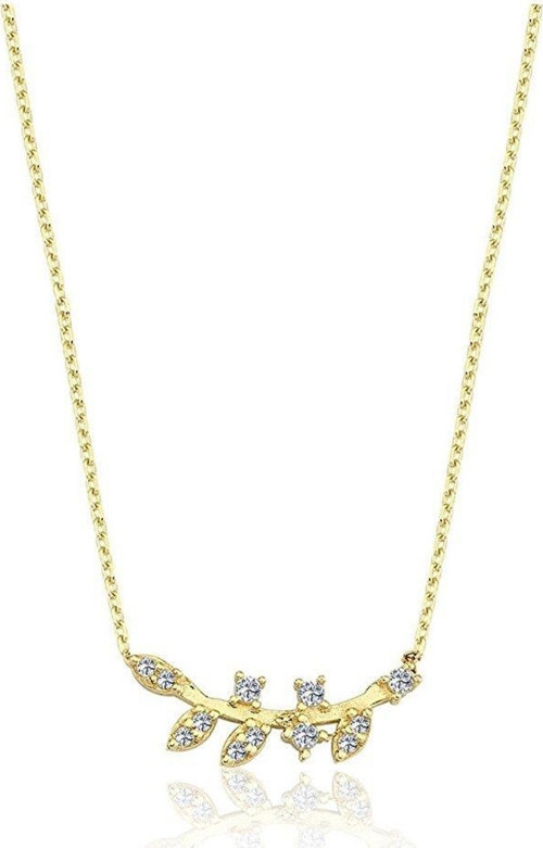 Altın Kolye - Pırlanta (Swarovski) Taşlı Yapraklı Dal 14 Ayar Altın Kolye