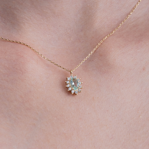 Altın Kolye - Green Topaz 0.90 CT Yeşim Taşı 0,24 CT Pırlanta (Signty) Anturaj 14 Ayar Altın Kolye