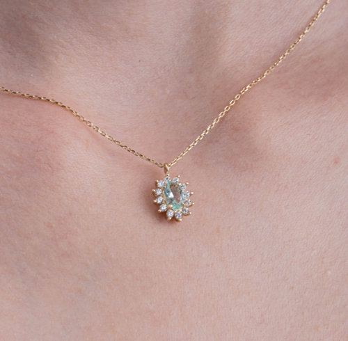 Altın Kolye - Green Topaz 0.90 CT Yeşim Taşı 0,24 CT Pırlanta (Signty) Anturaj 14 Ayar Altın Kolye