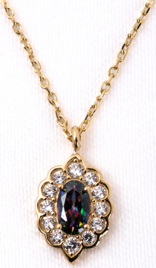 Altın Kolye - Oval Mistik Topaz Taşlı Yanları Zirkon Taşlı Modern Tasarım 14 Ayar Altın Kolye
