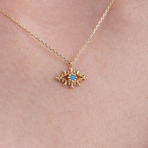 Altın Kolye - Firuze Taşlı Göz Tasarım 14 Ayar Altın Kolye-Minimal Göz Şık Tasarım Altın Kolye