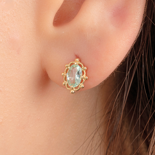 Altın Küpe - 14 Ayar Altın Vintage Tasarım Green Topaz (Su Yeşili) Taşlı Küpe