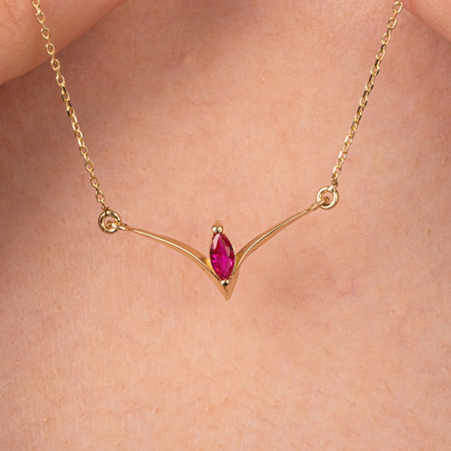 Altın Kolye - Ruby Taşlı Tasarım 14 Ayar Altın Kolye