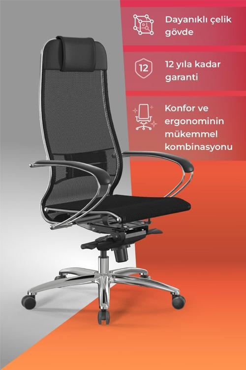 Samurai Ergonomik Koltuk | Bel Destekli, Tekerlekli, Krom Ayaklı, Siyah, Fileli Yönetici Koltuğu -5.2.1.49
