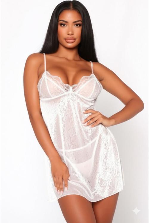 Ekru Kısa Gecelik Ve Standart String Tanga Külot Takım