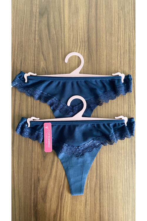 2 ADET 1 PAKET Lacivert Tül Dantel Detaylı Kadın Tanga Külot