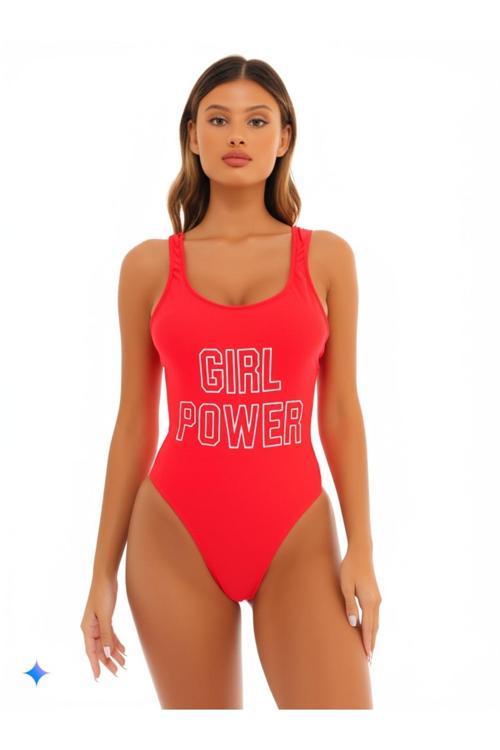 Kırmı Çok Dar Kalıp Girl Power Baskılı Mayo