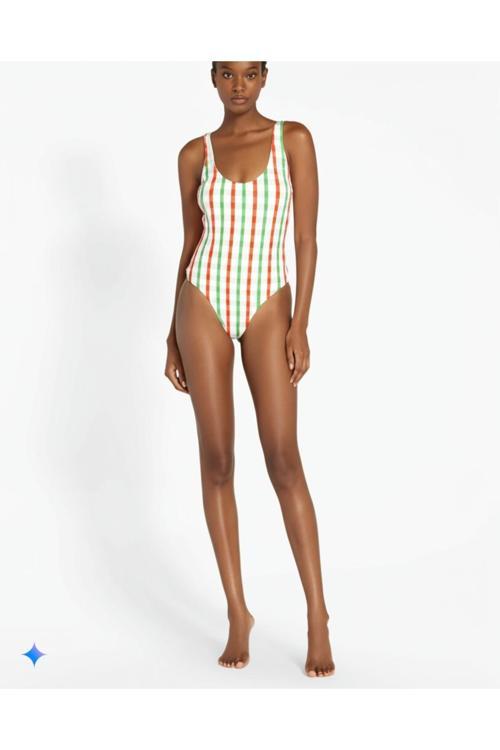 Beyaz Dar Kalıp Renkli Çubuk Çizgili Mayo