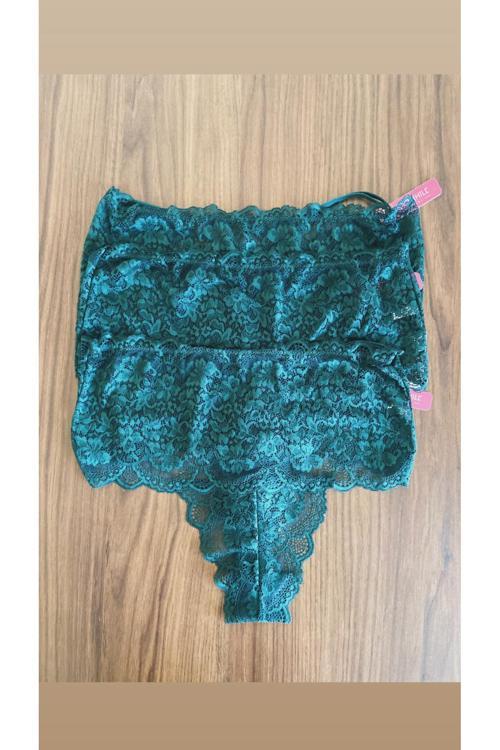 3 ADET 1 PAKET T. Yeşili Dantelli Lastik Detay Yüksek Bel Kadın Tanga Külot