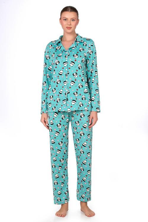 Lizbon Kumaş Turkuaz Panda Desenli Önden Düğmeli Kadın Pijama Takımı