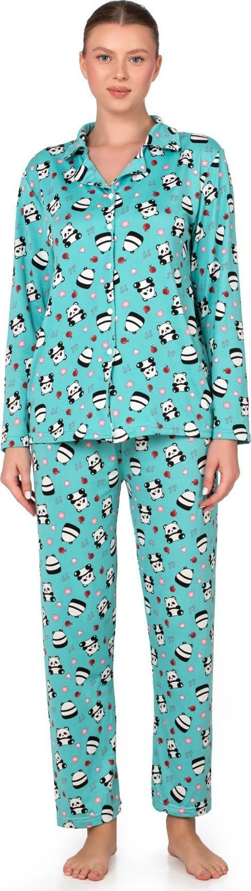 Lizbon Kumaş Turkuaz Panda Desenli Önden Düğmeli Kadın Pijama Takımı