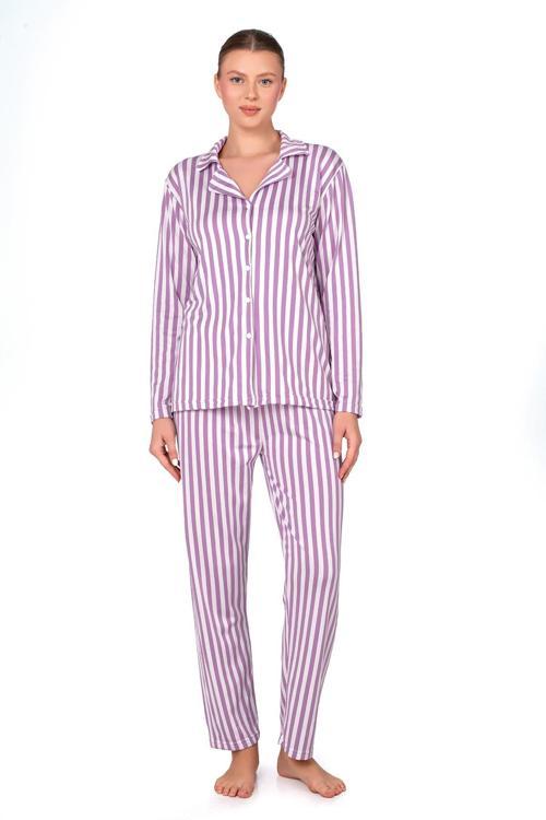 Pembe Çizgili Lizbon Kumaş İçi Şardonlu Önden Düğmeli Kadın Pijama Takımı