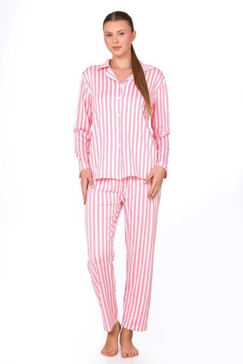 Pembe Çizgili Lizbon Kumaş İçi Şardonlu Önden Düğmeli Kadın Pijama Takımı