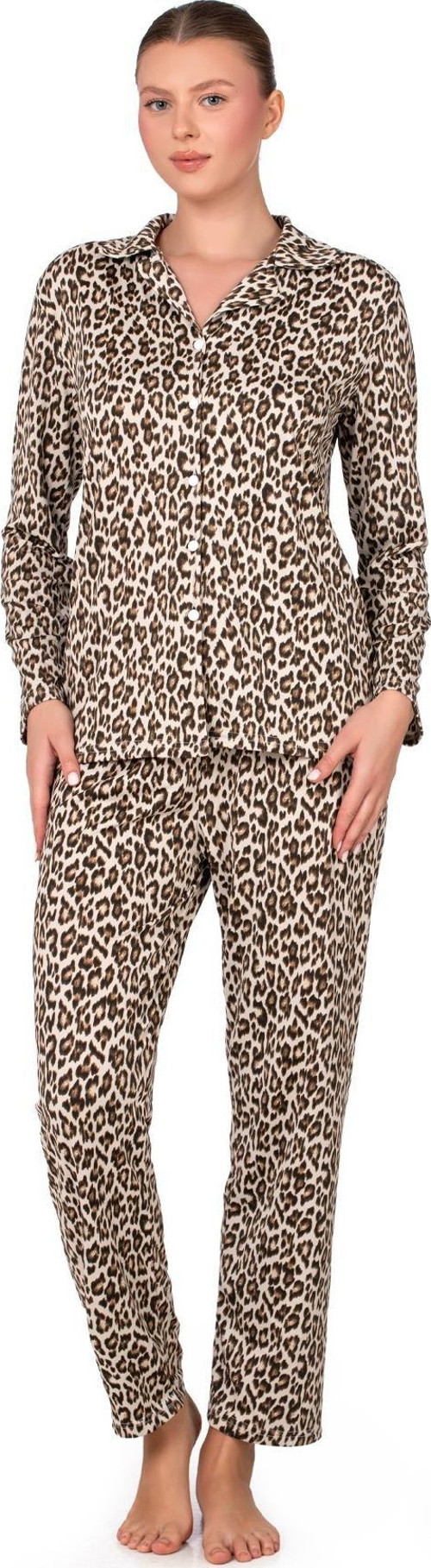Lizbon Kumaş Leopar Desenli İçi Şardonlu Önden Düğmeli Kadın Pijama Takımı