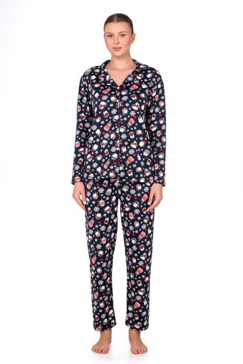 Lizbon Kumaş İçi Şardonlu Lacivert Kış Desenli Önden Düğmeli Kadın Pijama Takımı
