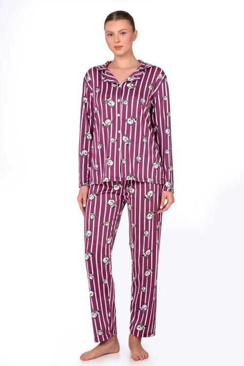 Lizbon Kumaş Mürdüm Panda Desenli Çizgili Önden Düğmeli Kadın Pijama Takımı