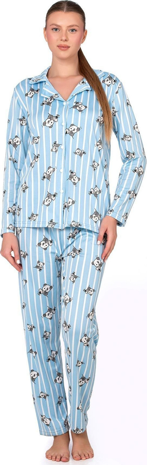 Lizbon Kumaş İçi Şardonlu Panda Desenli Önden Düğmeli Kadın Pijama Takımı