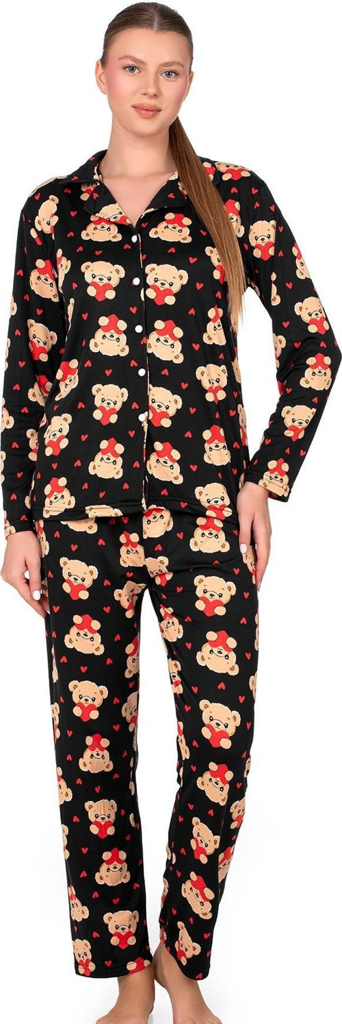 Lizbon Kumaş Siyah Ayıcık Desenli Önden Düğmeli Kadın Pijama Takımı