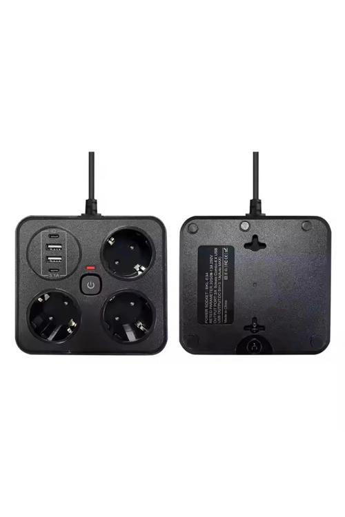 Akım Korumalı Anahtarlı Priz - 3x Priz - 2x Usb - 2x Type-c - 2 Mt Kablo Hızlı Şarj Özellikli Siyah