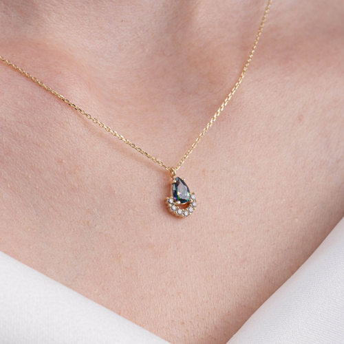 Gümüş Kolye - 0.50 Karat Mistik Topaz Damla Ay Tasarım Doğal Taşlı 925 Ayar Gümüş Kolye 