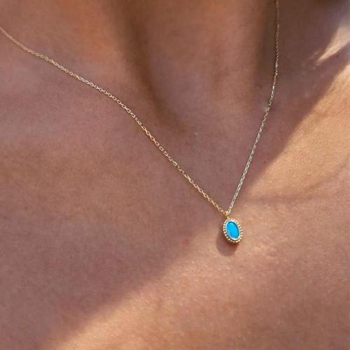 Gümüş Kolye - 0.90 CT Turkuaz (Firuze) Taşlı Güverseli Sade Minimal Tasarım Hediyelik Gümüş Kolye