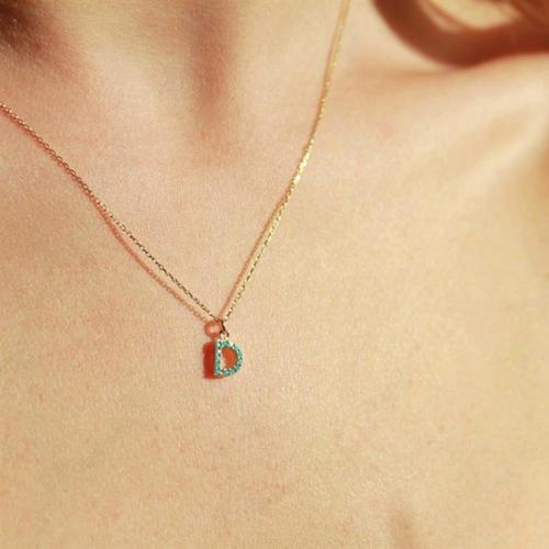 Gümüş Kolye - 925 Ayar Gümüş Harf Kolye - 0.18 Ct Harf Firuze Taşlı Modern Kolye - Hediyelik Kolye