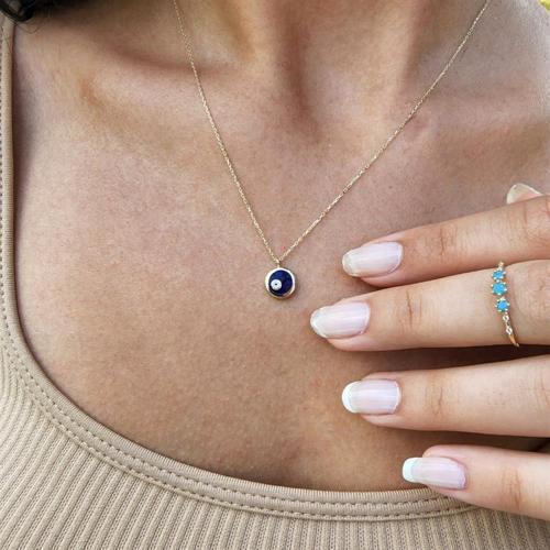 Gümüş Kolye - Ala Lacivert Lazer Mineli Nazar Boncuğu Göz Tasarım Taşsız Modern 925 Ayar Gümüş Kolye