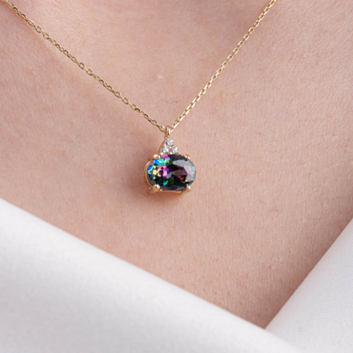 Gümüş Kolye - 1.15 Karat Mistik Topaz Taşlı Zirkon Taşlı Sade Modern Tasarım 925  Ayar Gümüş Kolye