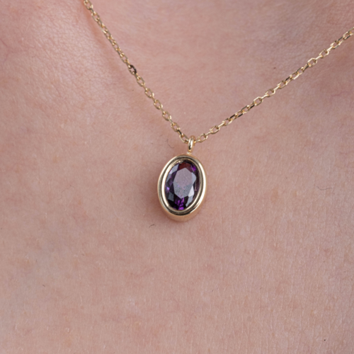 Gümüş Kolye - Ametist Taşlı Oval Çerçeveli Sade Minimal Tasarım Tarz 925 Ayar Gümüş Kolye