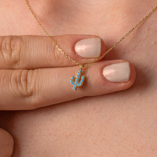 Gümüş Kolye - Firuze (Turkuaz) Taşlı Kaktüs Desenli Gümüş Kolye - Hediyelik Gümüş Kolye