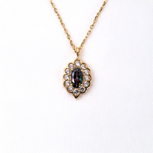 Gümüş Kolye - Oval Mistik Topaz Taşlı Yanları Zirkon Taşlı Modern Tasarım 925 Ayar Gümüş Kolye