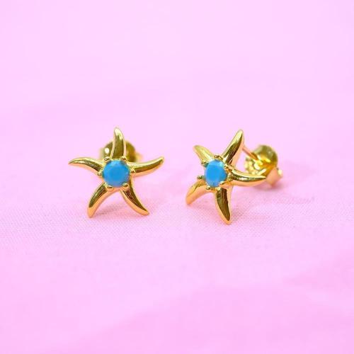 Gümüş Küpe - Kadın Yuvarlak Firuze (Turkuaz) Taşlı Deniz Yıldızı 925 Ayar Gümüş Küpe