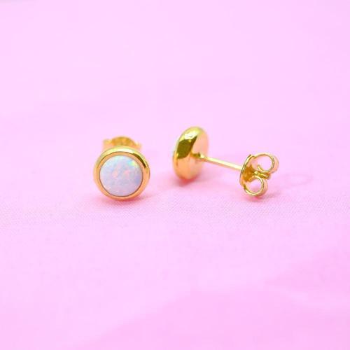 Gümüş Küpe - Kadın Yuvarlak Opal Taşlı 925 Ayar Gümüş Küpe