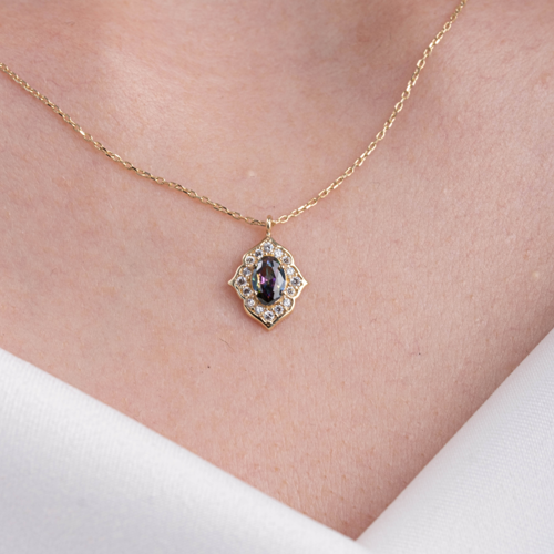 Gümüş Kolye - Vintage Mistik Topaz Taşlı Minimal Tarz Tasarım 925 Ayar Doğal Taşlı Gümüş Kolye