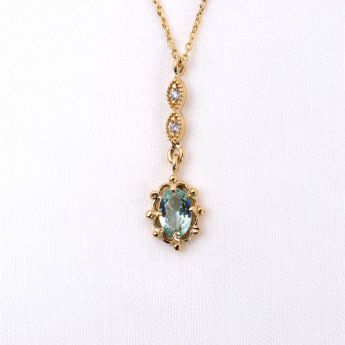 Gümüş Kolye - Vintage Tasarım Sallantılı Oval Su Yeşili Taşlı Zirkon Taşlı 925 Ayar Gümüş Kolye