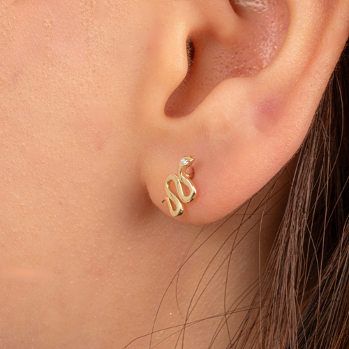 Gümüş Küpe - 925 Ayar Gümüş Yılan Desenli Taşlı Minimal Küpe