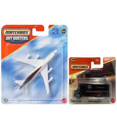 2 Araç Set - Matchbox Sky Busters Boeing 747-400 & Matchbox Express Delivery (1/64) UPS