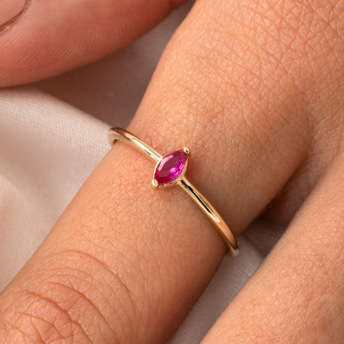 Gümüş Yüzük - Markiz Ruby Taşlı Minimal Tasarım Tektaş Kadın 925 Ayar Gümüş Yüzük