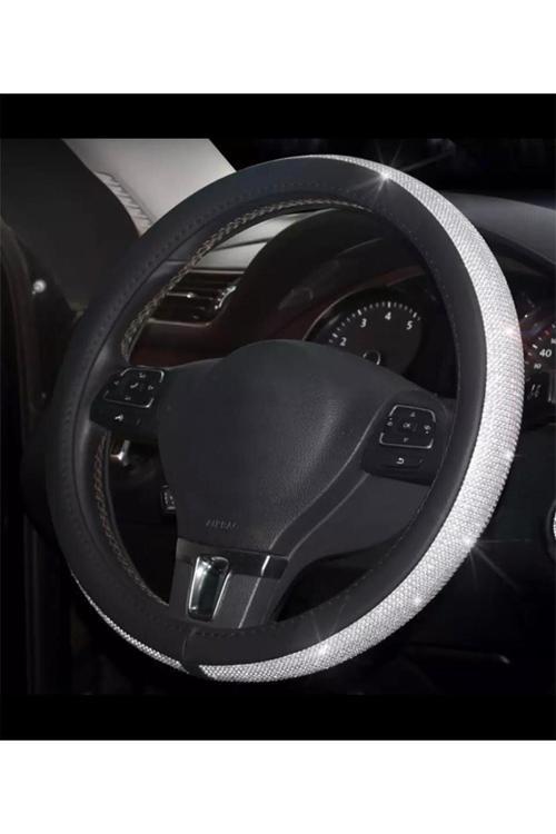 Parlak Gümüş Derili Taşlı Geçirmeli Direksiyon Kılıfı 38X40 Cm