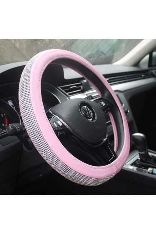 Kadın Sürücülere Özel Pırlanta Kaplamalı Pembe Geçmeli Direksiyon Kılıfı