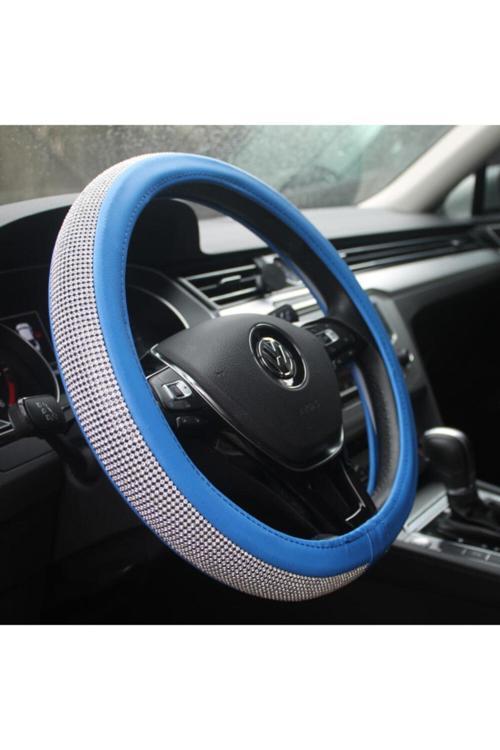Bayan Sürücülere Özel Pırlanta Mavi Renk Geçmeli Direksiyon Kılıfı
