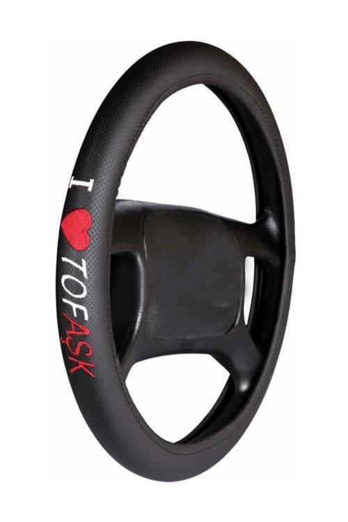 Siyah Geçmeli Deri Direksiyon Kılıfı Nakış Model Tofaşk